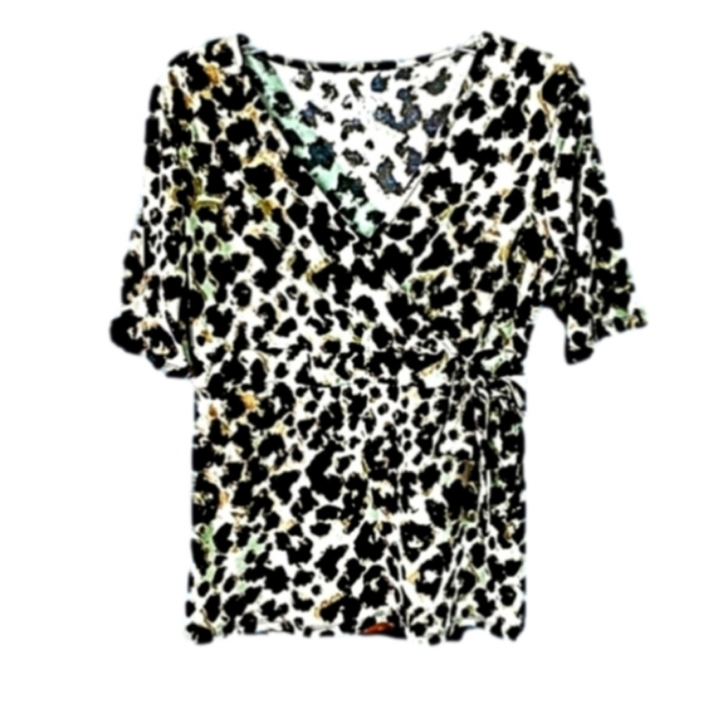 Merona M Surplus Black And White Short Sleeve Self Tie Leopard Print Top